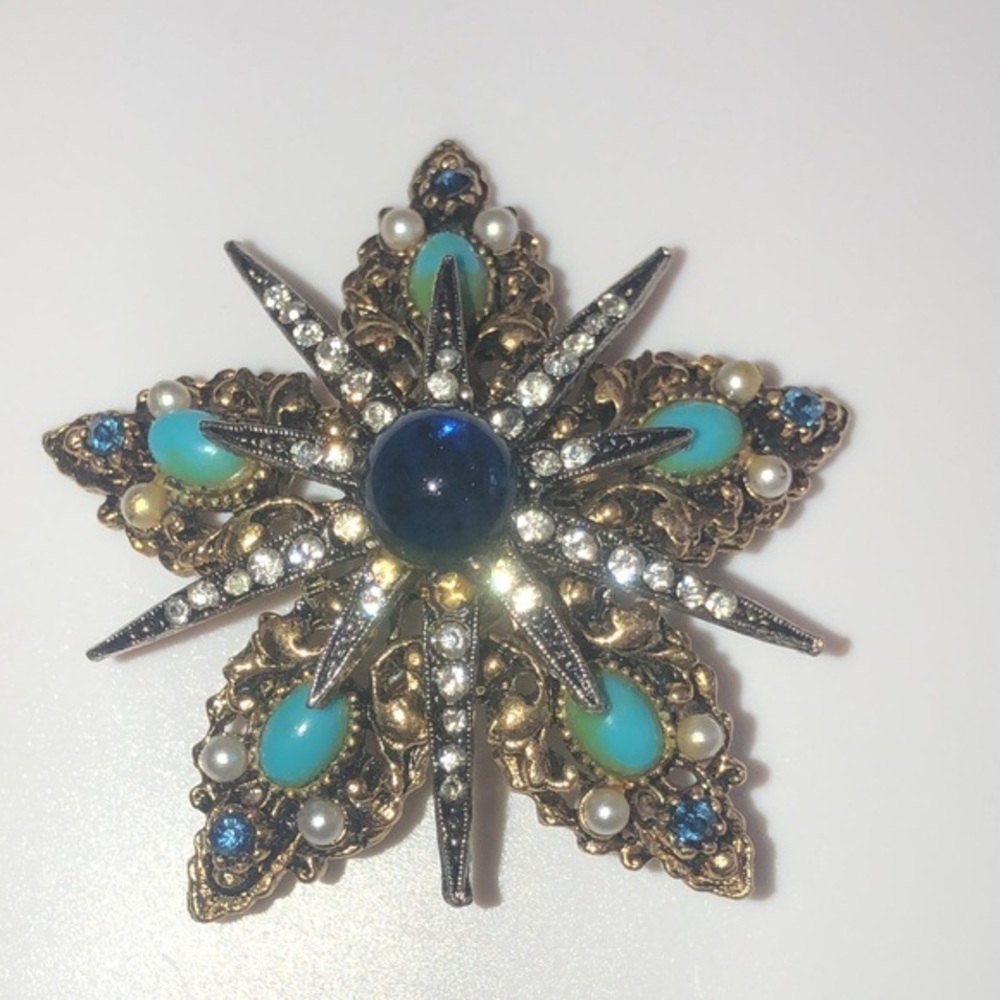 Vintage Signed Art Arthur Pepper Starburst Blue Gripoix Cabochon Brooch Pin Cab